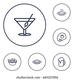 Set Of 6 Dish Outline Icons Set.Collection Of Omelette, Beer, Salad And Other Elements.