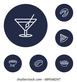 Set Of 6 Dish Outline Icons Set.Collection Of Japanese Roll, Pepperoni, Bbq And Other Elements.