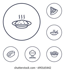 Set Of 6 Dish Outline Icons Set.Collection Of Porridge, Pepperoni, Soup And Other Elements.