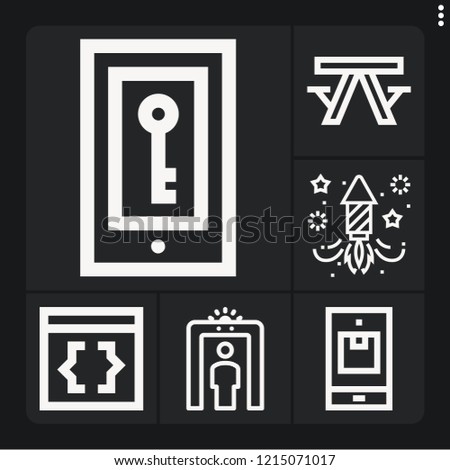 Set of 6 display outline icons such as fireworks, smartphone, scan, phone, coding