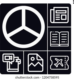 Set of 6 document outline icons such as book, boarding pass, image file, newspaper