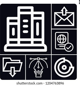 Set of 6 document outline icons such as pen, passport, books, pie chart, download