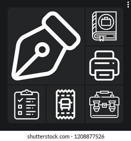 Set of 6 document outline icons such as checklist, manual, bus ticket, portfolio, printer