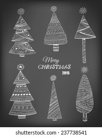 Set of 6 doodle Christmas trees decorated with various garlands, stars and ornaments and textures over chalkboard background.