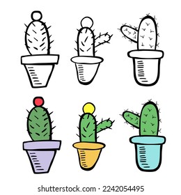 conjunto 6 cactus vectoriales de tracción manual de doodle, contorno y colorido
