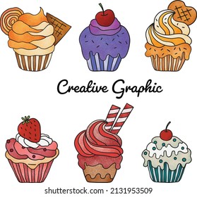 Set of 6 drawings of cupcakes and muffins. Collection of vector food illustrations.