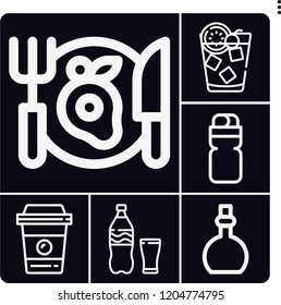 Set of 6 drink outline icons such as potion, old fashion, soda, coffee cup, water