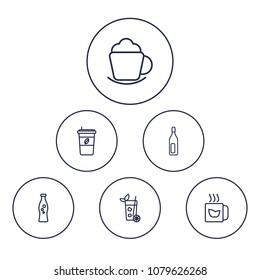 Set of 6 drinks icons line style set. Collection of lemonade, fizzy water, wine and other elements.