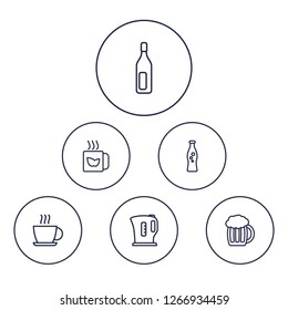 Set of 6 drinks icons line style set. Collection of electrical tool, tea green, pub and other elements.