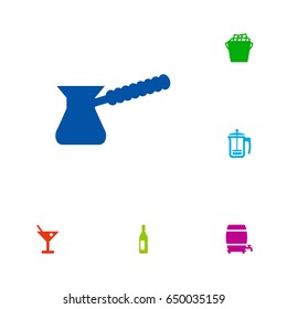 Set Of 6 Drinks Icons Set.Collection Of Pot, Cask, Wine And Other Elements.