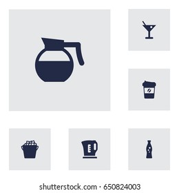 Set Of 6 Drinks Icons Set.Collection Of Drink, Fizzy Water, Electric Teapot And Other Elements.