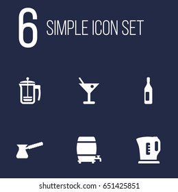 Set Of 6 Drinks Icons Set.Collection Of Wine, Electric Teapot, Drink And Other Elements.