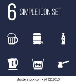 Set Of 6 Drinks Icons Set.Collection Of Turkish Coffee, Fizzy Water, Cask And Other Elements.