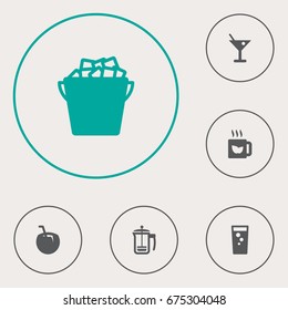Set Of 6 Drinks Icons Set.Collection Of Green Tea, Cocktail, Fridge And Other Elements.
