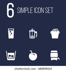 Set Of 6 Drinks Icons Set.Collection Of Cask, Fridge, Pot And Other Elements.