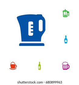 Set Of 6 Drinks Icons Set.Collection Of Alcohol, Mug, Electric Teapot And Other Elements.