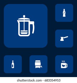 Set Of 6 Drinks Icons Set.Collection Of Green Tea, Cask, Pot And Other Elements.