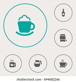 Set Of 6 Drinks Icons Set.Collection Of Green Tea, Cream, Alcohol And Other Elements.