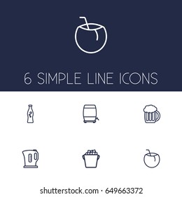 Set Of 6 Drinks Outline Icons Set.Collection Of Wine Cask, Cocos, Kettle And Other Elements.