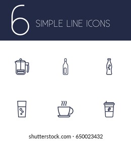 Set Of 6 Drinks Outline Icons Set.Collection Of Bottle, Fizzy Water, French Press And Other Elements.