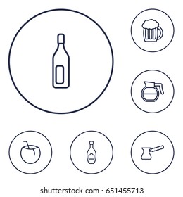 Set Of 6 Drinks Outline Icons Set.Collection Of Bottle, Cocos, Pot And Other Elements.