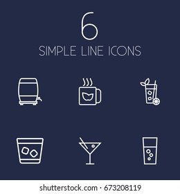 Set Of 6 Drinks Outline Icons Set.Collection Of Wine Cask, Mojito, Whiskey And Other Elements.