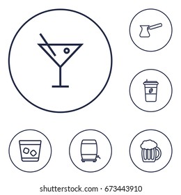 Set Of 6 Drinks Outline Icons Set.Collection Of Wine Cask, Pot, Cappuccino And Other Elements.