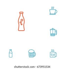 Set Of 6 Drinks Outline Icons Set.Collection Of French Press, Hot Drink, Mug And Other Elements.