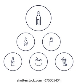 Set Of 6 Drinks Outline Icons Set.Collection Of Champagne, Bottle, Mojito And Other Elements.