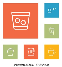 Set Of 6 Drinks Outline Icons Set.Collection Of Kettle, Ice Bucket, Coffee And Other Elements.