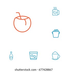 Set Of 6 Drinks Outline Icons Set.Collection Of Champagne, Whiskey, Ice Bucket And Other Elements.