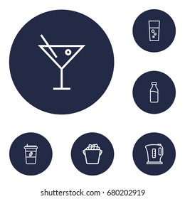 Set Of 6 Drinks Outline Icons Set.Collection Of Fizzy Water, Dairy, Cappuccino And Other Elements.