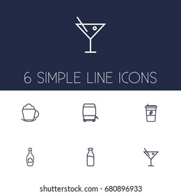 Set Of 6 Drinks Outline Icons Set.Collection Of Dairy, Wine Cask, Coffee And Other Elements.