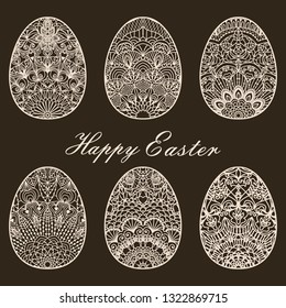 Set of 6  Easter eggs with lace pattern. Layout congratulatory card with carved openwork pattern. Pattern suitable for laser cutting, plotter cutting or printing