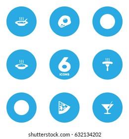 Set Of 6 Eat Icons Set.Collection Of Broth, Frankfurter, Eggs And Other Elements.