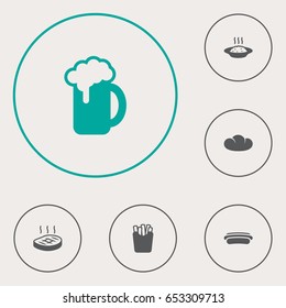 Set Of 6 Eat Icons Set.Collection Of Potato, Beefsteak, Ale And Other Elements.