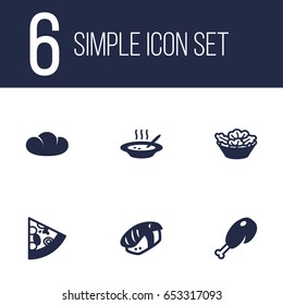 Set Of 6 Eat Icons Set.Collection Of Pepperoni, Broth, Baguette And Other Elements.