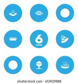 Set Of 6 Eat Icons Set.Collection Of Beefsteak, Sausage, Spaghetti And Other Elements.