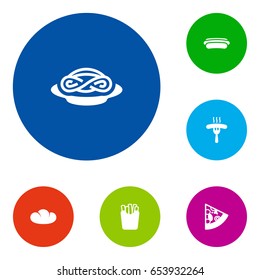 Set Of 6 Eat Icons Set.Collection Of Sausage, Spaghetti, Pepperoni And Other Elements.