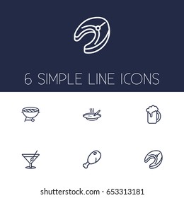 Set Of 6 Eat Outline Icons Set.Collection Of Chicken Leg, Soup, Cocktail And Other Elements.
