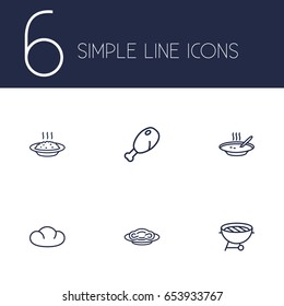 Set Of 6 Eat Outline Icons Set.Collection Of Chicken Leg, Bread, Porridge And Other Elements.