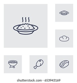 Set Of 6 Eat Outline Icons Set.Collection Of Chicken Leg, Bread, Japanese Roll And Other Elements.