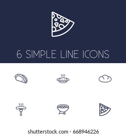 Set Of 6 Eat Outline Icons Set.Collection Of Sausage, Pepperoni, Porridge And Other Elements.