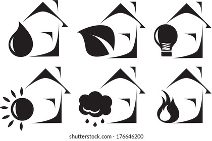 Set of 6 eco house icons black