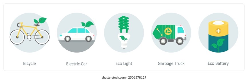 A set of 6 ecology icons as bicycle, electric car, eco light