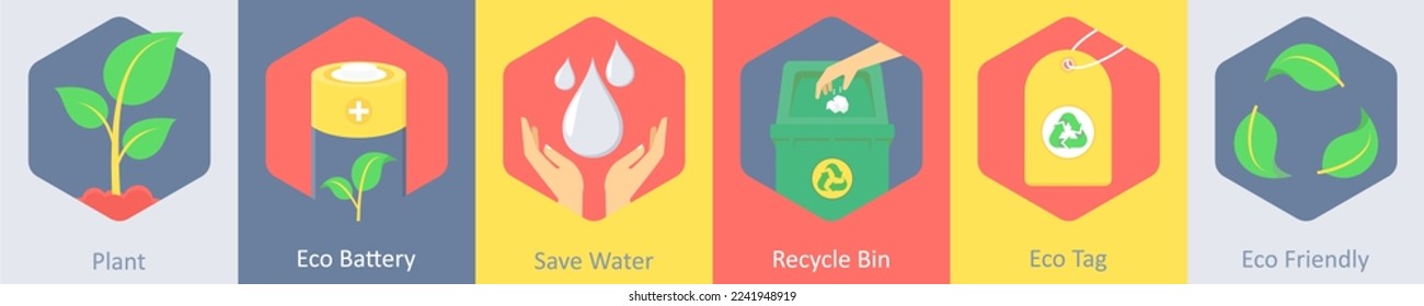 A set of 6 ecology icons as plant, eco battery, save water, recycle bin