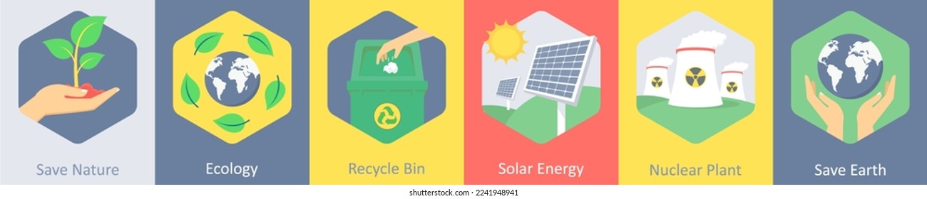 Un conjunto de 6 íconos ecológicos como salvar la naturaleza, reciclar la papelera, energía solar