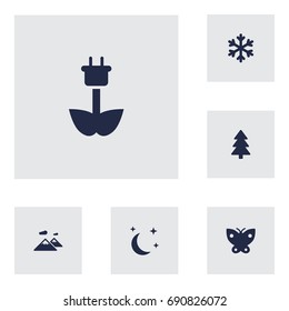 Set Of 6 Ecology Icons Set.Collection Of Pinnacle, Moth, Winter Snow And Other Elements.