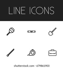 Set Of 6 Editable Apparatus Outline Icons. Includes Symbols Such As Rotating Bit, Portfolio, Balance And More. Can Be Used For Web, Mobile, UI And Infographic Design.
