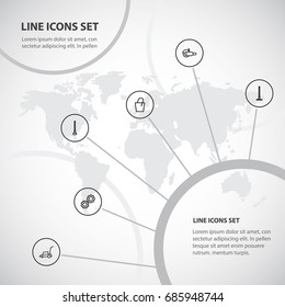 Set Of 6 Editable Apparatus Outline Icons. Includes Symbols Such As Lawn Mower, Cogwheel, Harrow And More. Can Be Used For Web, Mobile, UI And Infographic Design.